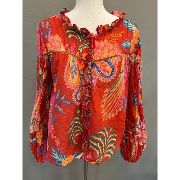 FARM Rio Mystic Bush Ruffled Blouse Floral Bird Print Button Front Ruffled Red M - Picture 5 of 16